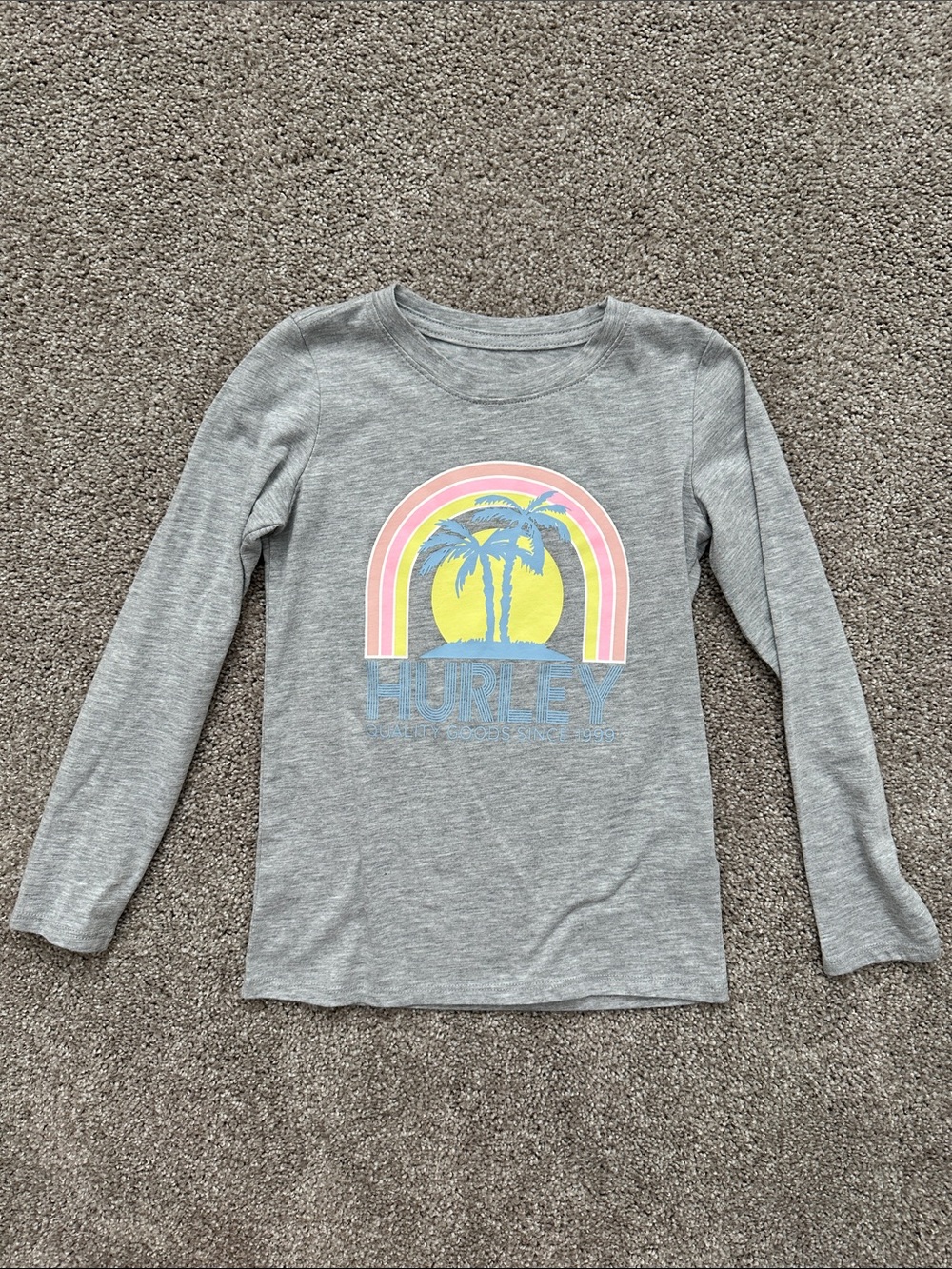 Hurley Gray Long Sleeve Tee with Yellow & Pink Palm Graphic
